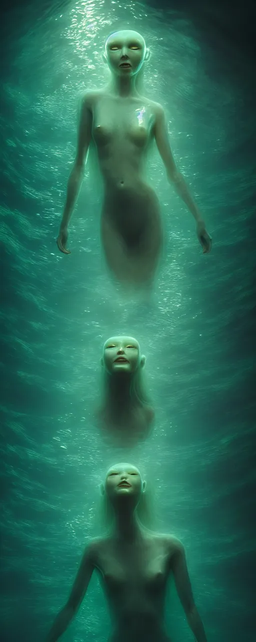 Image similar to ultra realistic horror photo of a dimly lit translucent female alien creature underwater, very intricate details, focus, full frame image, curvy, model pose, artwork by tooth wu and wlop and beeple and greg rutkowski, award winning