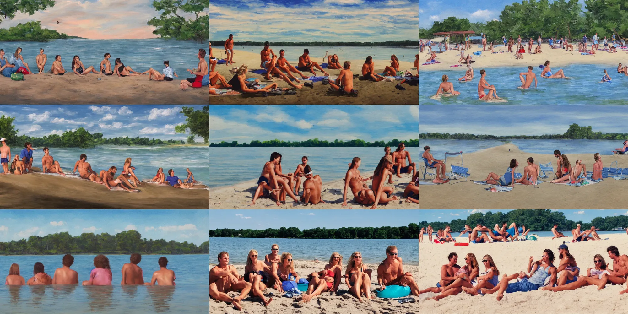Prompt: a group of friends relaxing at the beach in creve coeur lake, photorealistic