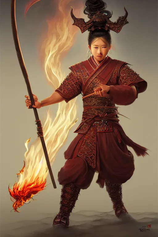 Image similar to charming nezha, highly detailed, man holding spear, flame everywhere, epic pose, masterpiece chinese fantasy character portrait, highly detailed, digital painting, trending on artstation, concept art, sharp focus, illustration, global illumination, ray tracing, realistic shaded, art by artgerm and greg rutkowski and fuji choko and viktoria gavrilenko and hoang lap