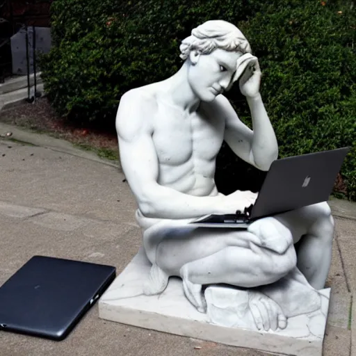 Prompt: a marble statue having trouble working on his laptop