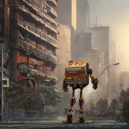 Prompt: A photorealistic render of Garfield the cat as a giant robotic mech suit, walking through a post-apocalyptic cityscape, ArtStation