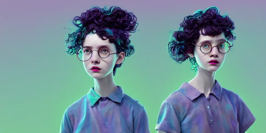 Prompt: A girl with curly black hair wears a green shirt, she wears Harry Potter glasses, painted by james jean in pastel colors. artwork by Tooth Wu and wlop and beeple, cinematic, hyper realism, octane render, 8k, depth of field, bokeh. iridescent accents. vibrant.