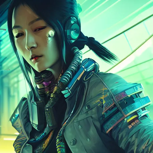 Image similar to candid action image of a fierce dangerous female cyberpunk hacker samurai in neotokyo at night, futuristic cyberpunk tokyo night, sci - fi and fantasy, intricate and very beautiful, highly detailed, digital painting, artstation, concept art, smooth and sharp focus, illustration, art by tian zi and wlop and alphonse mucha