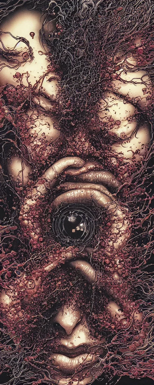 Image similar to closeup of face melting in agony been pulled by hands, inside a frame on a tiled wall, frontal picture, by yoichi hatakenaka, masamune shirow, josan gonzales and dan mumford, ayami kojima, takato yamamoto, karol bak