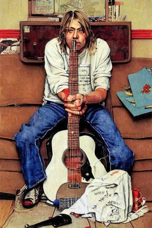 Prompt: kurt cobain from nirvana painted by norman rockwell