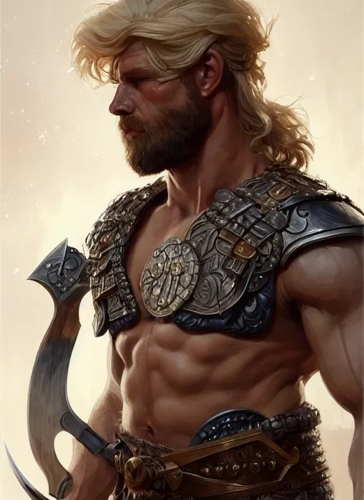 Image similar to symmetry! portrait of barbarian man, short blond hair, d & d, muscular!! angry!!! armour, fantasy, intricate, elegant, highly detailed, digital painting, artstation, concept art, smooth, sharp focus, illustration, art by artgerm and greg rutkowski and alphonse mucha