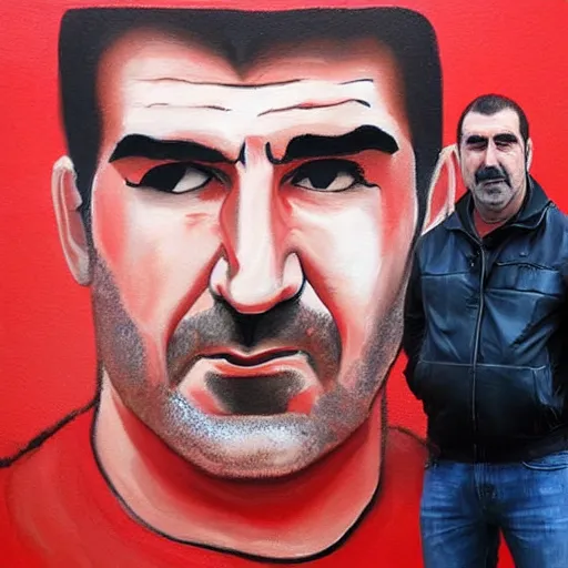 Image similar to a painting of Eric Cantona, in front of a red wall, dripping.