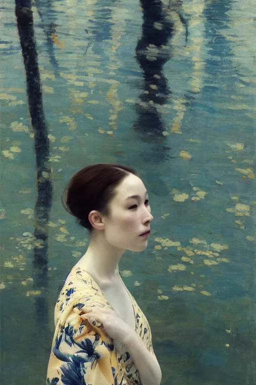 Prompt: “ woman in kimono, posing underwater before birch trees, jeremy lipking, joseph todorovitch ”