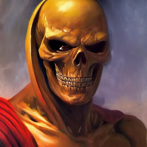 Prompt: ultra realistic portrait painting of skeletor as superman, art by frank frazetta, 4 k, ultra realistic, highly detailed, epic lighting