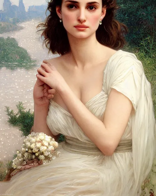 Prompt: realistic oil painting of young 1 8 - year old winona ryder or natalie portman wearing an iridescent wedding dress covered in pearls, highly detailed, intricate,, elegant, digital painting, smooth, sharp focus, illustration, ultra realistic, 8 k, by bouguereau, alphonse mucha, artgerm, and donato giancola