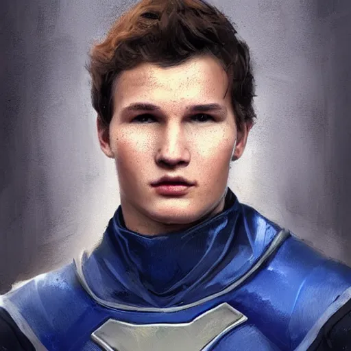 Image similar to portrait of a superhero by greg rutkowski, he looks like ansel elgort, he is wearing a blue and white kevlar gear with a cape, highly detailed portrait, digital painting, artstation, concept art, smooth, sharp foccus ilustration, artstation hq