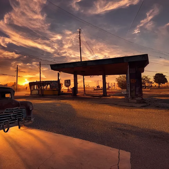 Image similar to a sunset light landscape with historical route 6 6, lots of sparkling details and sun ray ’ s, blinding backlight, smoke, volumetric lighting, colorful, octane, 3 5 mm, abandoned gas station, old rusty pickup - truck, beautiful epic colored reflections, very colorful heavenly, softlight