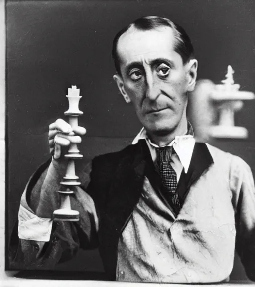 Image similar to marcel duchamp holding up a chess - piece wire - machine, a surrealist painting by marcel duchamp, complex artificial - intelligence machinery, flickr contest winner, studio portrait, 1 9 2 0 s