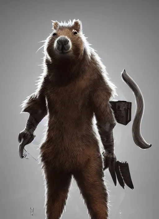 Prompt: detailed full body concept art illustration matte painting of a cute anthropomorphic capybara avenger in full intricate clothing, ultra detailed, digital art, octane render, 8K, dystopian, biomutant, micro details