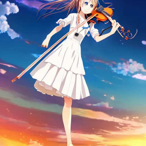 Prompt: Anime key visual of kaori from your lie in april wearing a white dress while passionately playing the violin and standing on water in the middle of the ocean surrounded by a blue sky and soft clouds, vibrant, expressive, trending on artstation, kimi no na wa