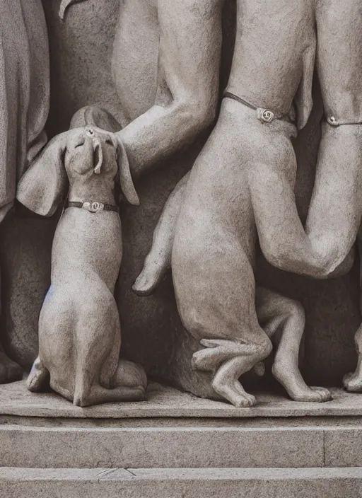 Prompt: detailed details conceptual photography dogs pray in front of statue of saint mary