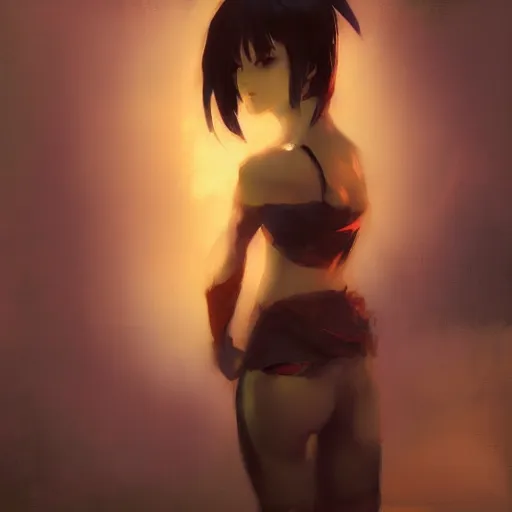 Prompt: craig mullins painting of an anime woman, direct flash photography at night