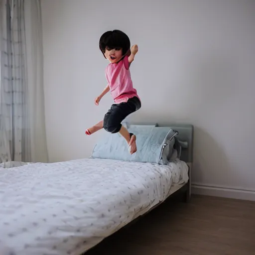 Prompt: little cute boy jumping on his bed by WLOP