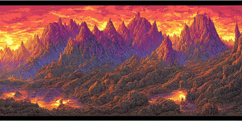 Image similar to a fantasy landscape by Dan Mumford