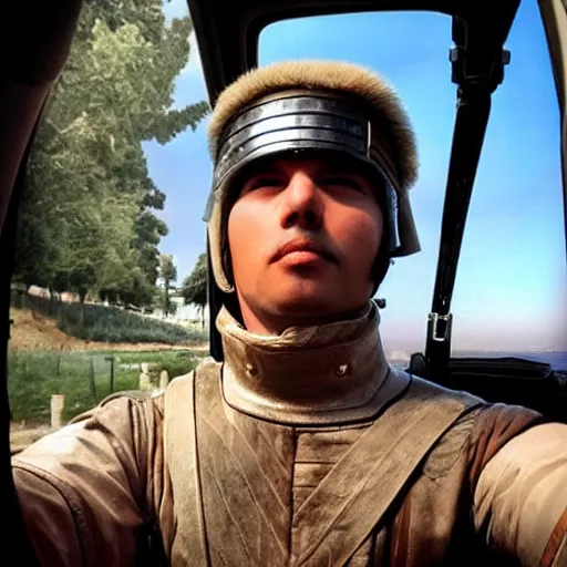 Prompt: a roman soldier taking a selfie inside of a car.