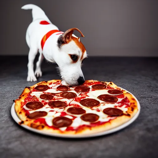 Prompt: detailed photo of a white jack russel eating pizza, various poses, full body, studio light, 8 k, photorealism, intricate detail, diffuse lighting