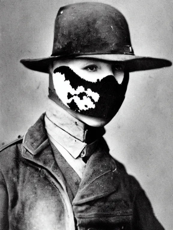 Prompt: portrait of man with rorschach mask, ww1 photo, grainy, high detail, high resolution,