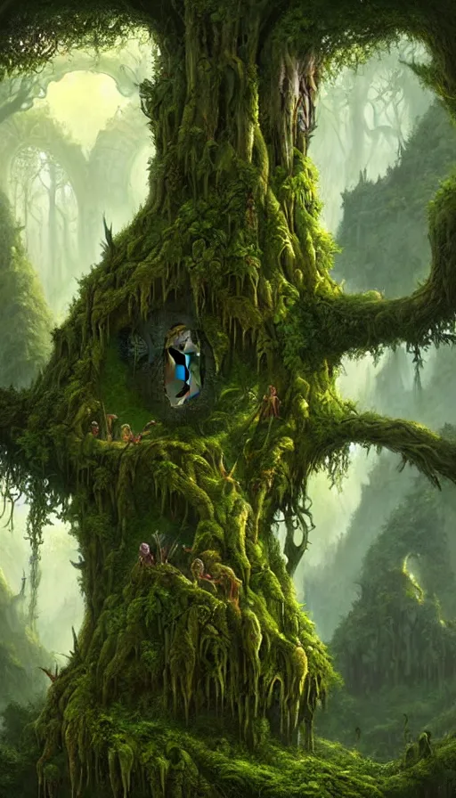 Image similar to fairy palace, castle towers, gnarly trees, lush vegetation, forest landscape, painted by tom bagshaw, raphael lacoste, eddie mendoza, alex ross concept art matte painting