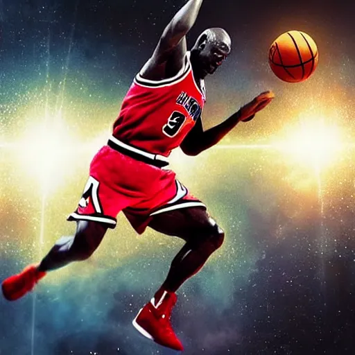 Image similar to “hyperrealistic mixed media high resolution image of michael jordan as superman, dunking a basketball, stunning 3d render inspired art by István Sándorfi and Greg Rutkowski and Unreal Engine, perfect symmetry, dim volumetric lighting, 8k octane beautifully detailed render, post-processing, extremely hyper-detailed, intricate, epic composition, highly detailed attributes, highly detailed atmosphere, cinematic lighting, masterpiece, trending on artstation, very very detailed, masterpiece, stunning, flawless structure, lifelike texture, perfection,”