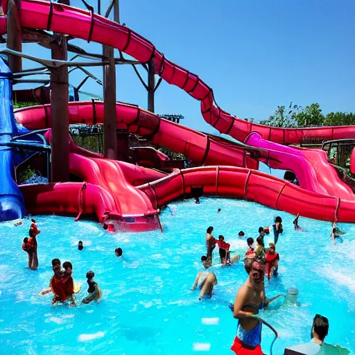 Prompt: the ugliest 1 star waterpark in the world with red dark water filled with trash, cracked broken slides, crowded,