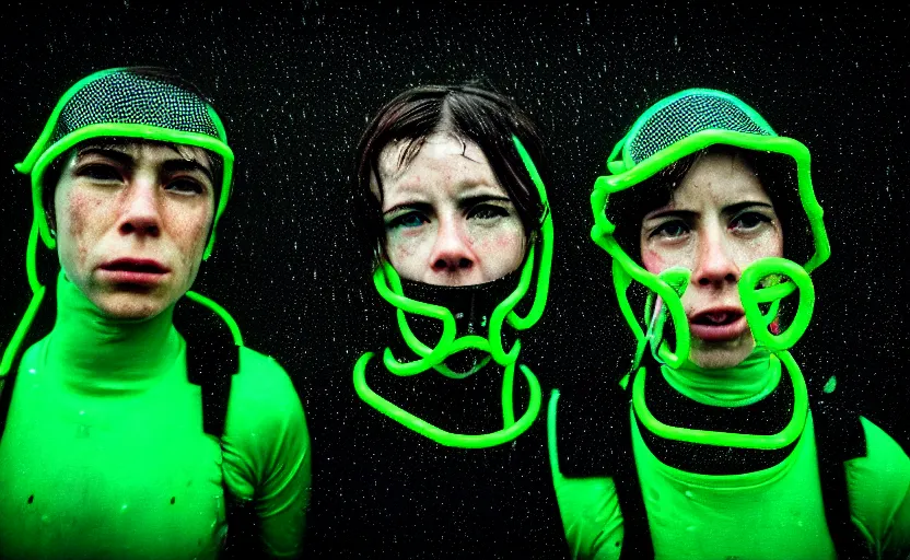 Image similar to cinestill 5 0 d candid photographic portrait by helen levitt of two cyborgs wearing rugged neon green mesh techwear in treacherous waters, extreme closeup, modern cyberpunk moody depressing cinematic, pouring rain, vaporwave, dystopian atmosphere, 8 k, hd, high resolution, 3 5 mm, f / 3 2, ultra realistic faces, ex machina