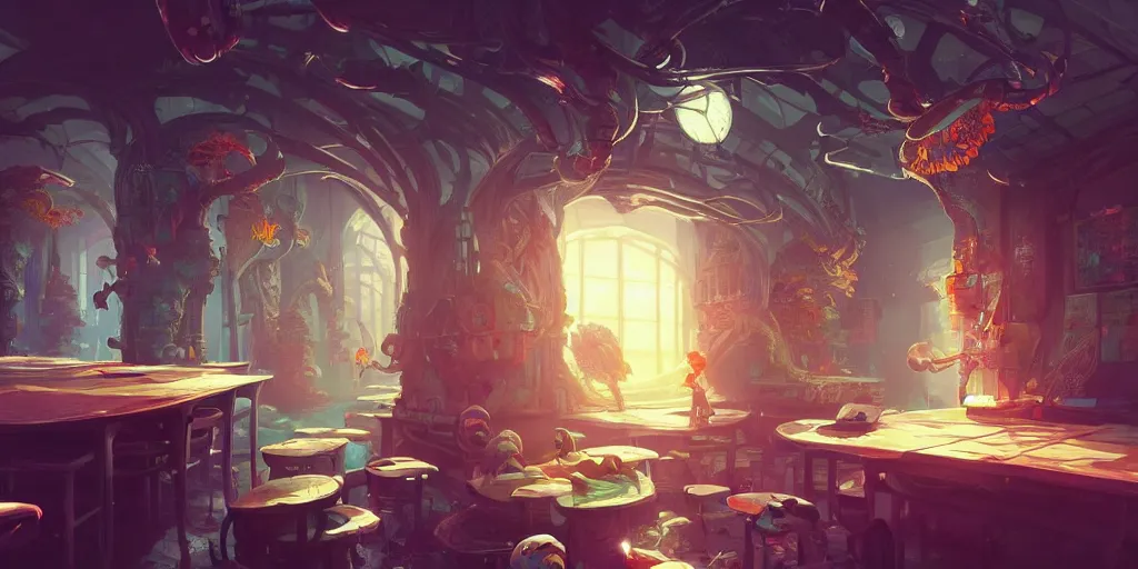 Prompt: an intricate concept art, illustration, fantasy micro - world inside a school classroom, large mechanical biomes, ultra photorealistic, ultra sharp, pinterest, artstation, cgsociety, pinterest, digital art, anime colors, style by wlop, hyperrealistic, octane render, 8 k