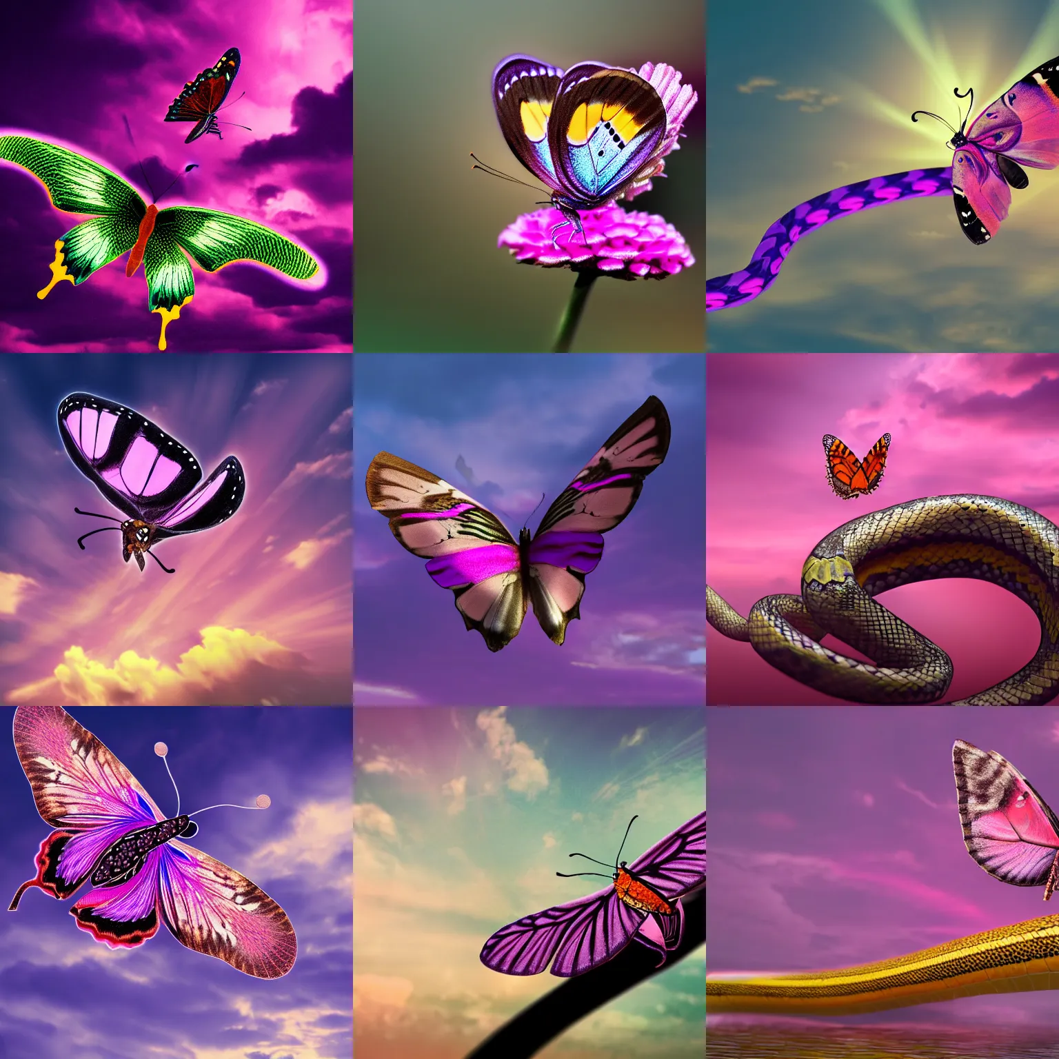 Prompt: butterfly on a snake, floating in pink and purple clouds, stoic, hyper realistic, cinematic lighting with dark edges