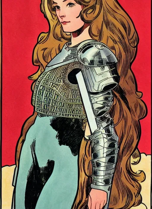 Image similar to head and shoulders portrait of a female knight. well composed, clean elegant painting, beautiful detailed face. comic book art by steve ditko and jack kirby and ( alphonse mucha )