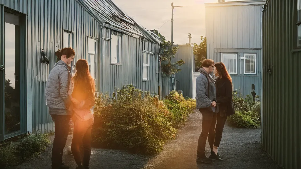 Image similar to a couple, green house, quiet street, reykjavik, sunset lighting, rim light, hyper realistic, 1 0 5 mm, cinematic frame