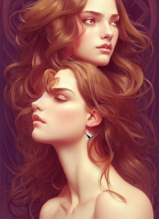 Prompt: portrait of young woman perfection, beautiful hair, symmetrical! intricate, elegant, highly detailed, in love with a handsome man!! digital painting, artstation, concept art, smooth, sharp focus, illustration, art by artgerm and greg rutkowski and alphonse mucha