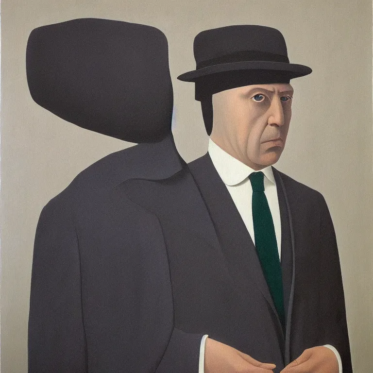 Image similar to portrait of a faceless hooded man in a suit by rene magritte, detailed painting, distance, centered, hd, hq, high resolution, high detail, 4 k, 8 k