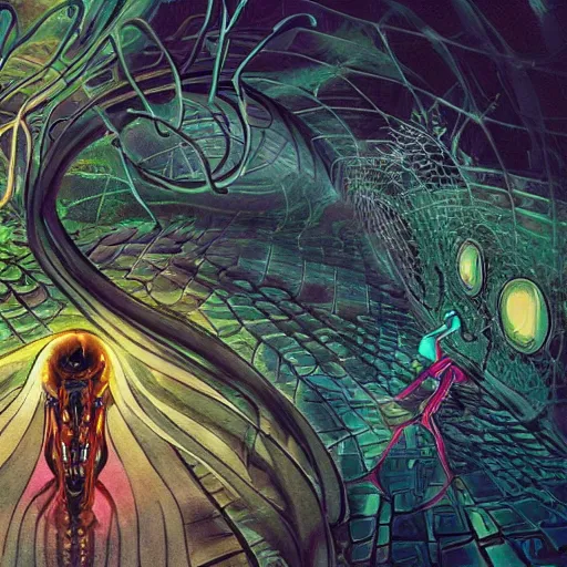 Image similar to basilisk of roko and the awakening of an ai with consciousness, surreal technological conceptual art magical cybernetic realism horror visions distopic and utopic art