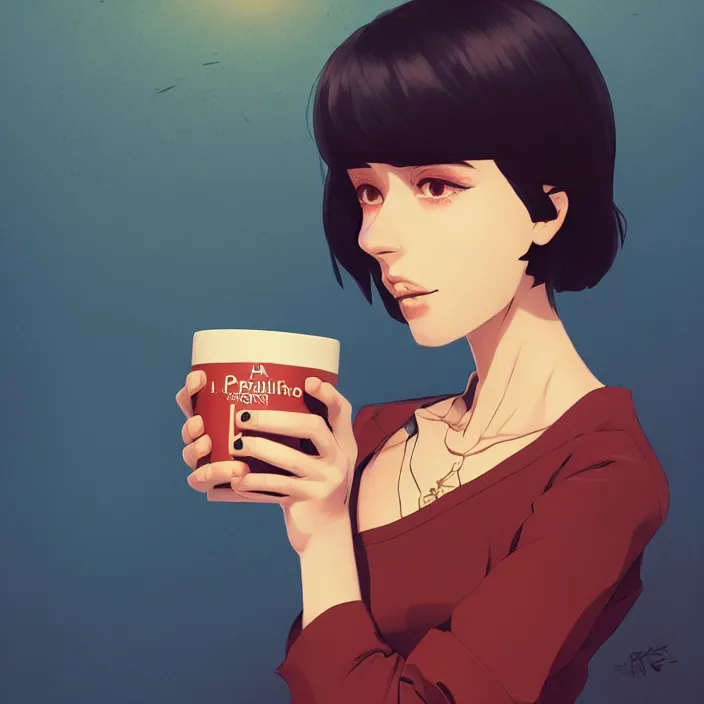 Prompt: a portait of a beautiful dark haired french girl, attractive collarbone and shoulders, holding a mug of hot tea. In the style of ilya kuvshinov Tomas Sanchez Simon Stålenhag, high resolution, pixiv, fanbox, skeb.jp, clipstudio, medibang, ichi-up, CGWORLD, manga cover