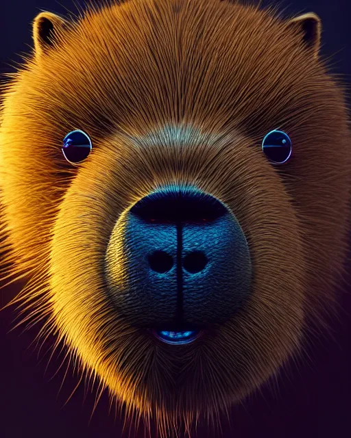 Image similar to portrait of funny giant cute eyes capybara, intricate abstract. intricate artwork, by tooth wu, wlop, beeple, dan mumford. concept art, psychedelic lighting, octane render, trending on artstation, greg rutkowski very coherent symmetrical artwork. cinematic, key art, hyper realism, high detail, octane render, 8 k, iridescent accents