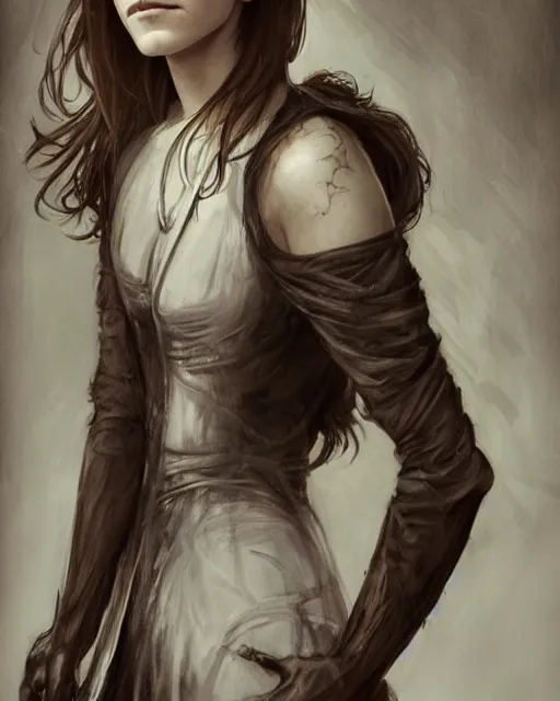 Image similar to clear portrait of emma watson, somber appearance, ripped clothing, looking her shoulder, wearing the ring of sauron, background hyper detailed, character concept, full body, dynamic pose, intricate, elegant, highly detailed, digital painting, artstation, concept art, smooth, sharp focus, illustration, art by artgerm and greg rutkowski and alphonse mucha