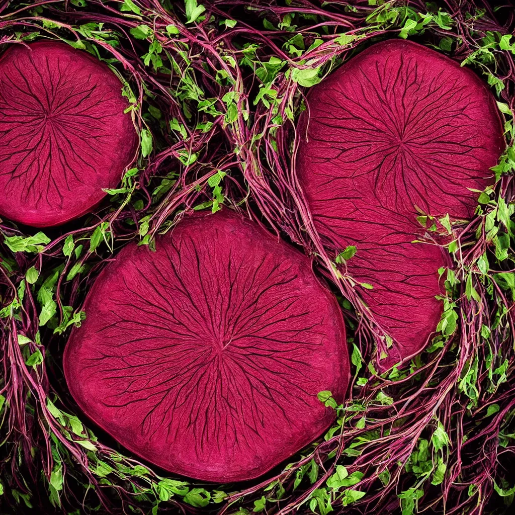 Prompt: large spiral of giant cut beetroots, with embroidered leaves and fractal roots, over vivid dark wood table, food photography. super detailed. masterpiece