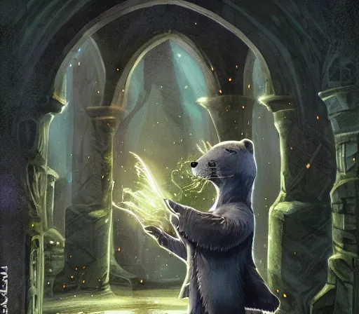 Image similar to A well dressed fursona of an Otter furry is a mage casting a magic spell, highly detailed fantasy anime artwork, ArtStation, pixiv, furaffinity, DeviantArt, impressionist romanticism, epic scenery in stone ruins