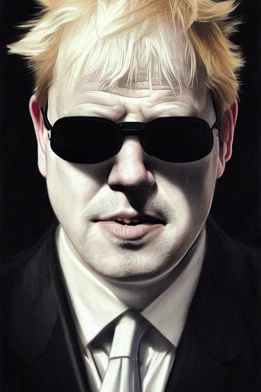 Prompt: Boris Johnson as Agent Smith, black sunglasses, realistic portrait, symmetrical, highly detailed, digital painting, artstation, concept art, smooth, sharp focus, illustration, cinematic lighting, art by artgerm and greg rutkowski and alphonse mucha