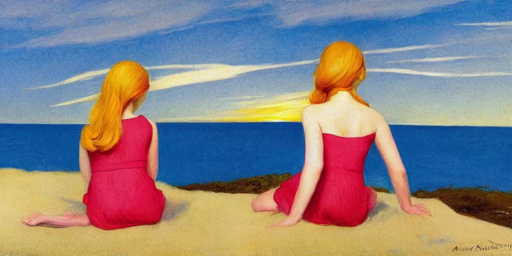 Image similar to girl with strawberry blonde hair wearing a yellow sundress sitting on a beach by the ocean, sunset, god rays, big clouds, pastels, edward hopper, andrew wyeth