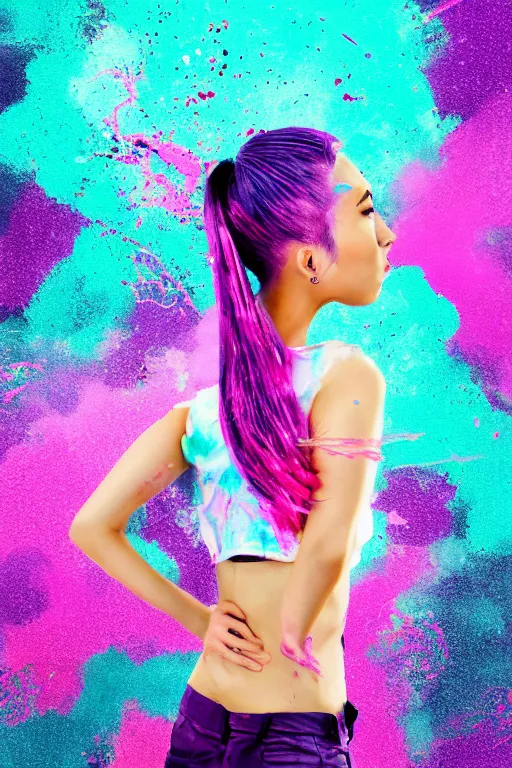 Prompt: a award winning half body portrait of a beautiful woman in a croptop and cargo pants with ombre purple pink teal hairstyle with head in motion and hair flying by wlop, paint splashes, splatter, outrun, vaporware, shaded flat illustration, digital art, trending on artstation, highly detailed, fine detail, intricate