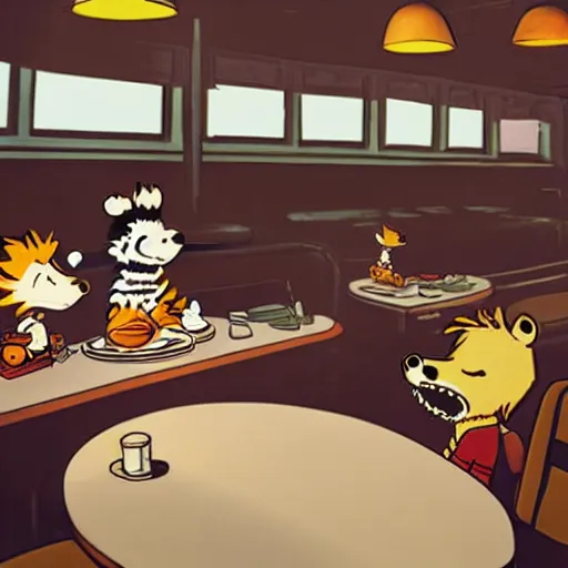 Image similar to calvin and hobbes in a diner, overhead lighting