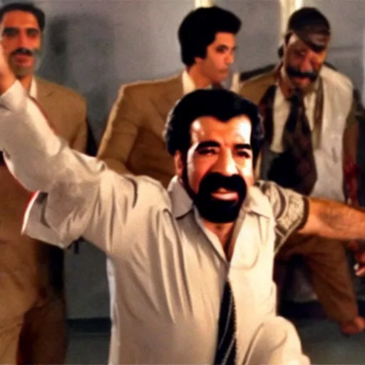 Image similar to A movie still of Saddam Hussein dancing in Satuday Night Fever