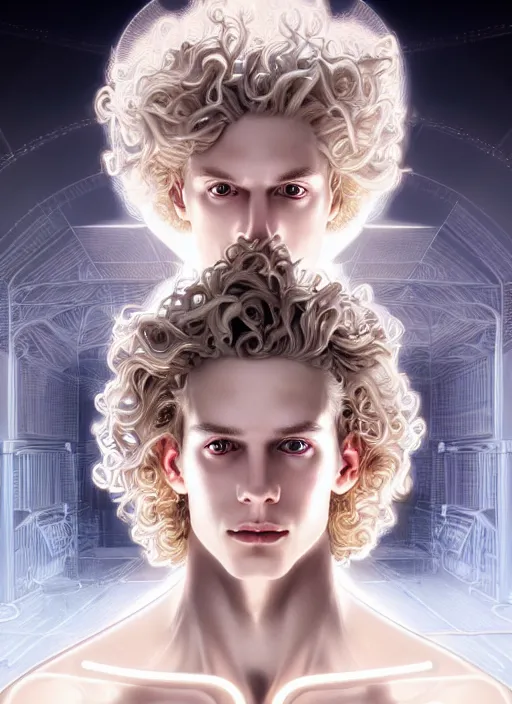 Image similar to symmetry portrait of a pale blond young androgynous prince with very curly long blond curly hair, sci - fi, black steel cyborg body tech wear, glowing lights intricate, elegant, highly detailed, digital painting, artstation, concept art, smooth, sharp focus, illustration, art by artgerm and greg rutkowski and alphonse mucha