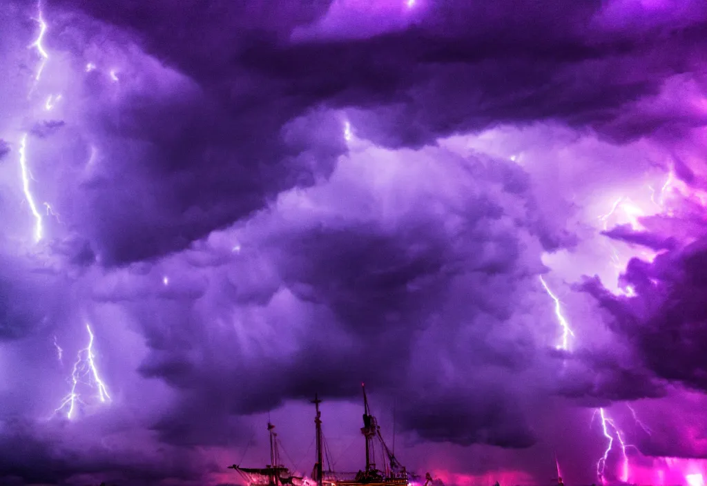 Prompt: purple color lighting storm with stormy sea, pirate ship firing its cannons real life trippy nebula sky 50mm shot fear and loathing movie