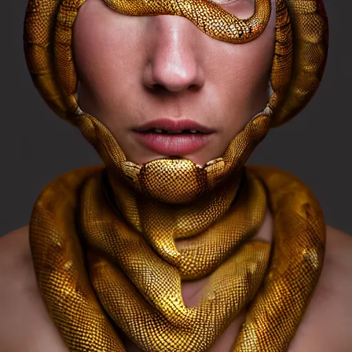 Prompt: snake man, up portrait with her body wrapped in gold scales, hyper photo realistic 8K HD HDRI, photo by Annie Leibovitz